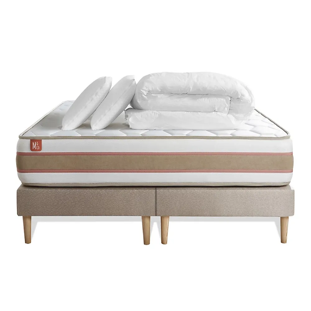 Marmottes & Co Pack sommier tapissier matelas Ressorts ensachés et mémoire de forme avec couette et oreillers* Ensemble Sommier Et Matelas