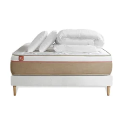 Marmottes & Co Pack sommier tapissier matelas Ressorts ensachés et mémoire de forme avec couette et oreillers* Ensemble Sommier Et Matelas