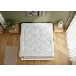 Pack sommier tapissier matelas Ressorts ensachés et mémoire de forme avec couette et oreillers><noscript><img width=
