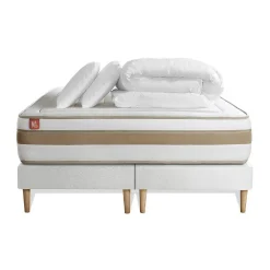 Marmottes & Co Pack sommier tapissier matelas Ressorts ensachés et mémoire de forme avec couette et oreillers* Ensemble Sommier Et Matelas