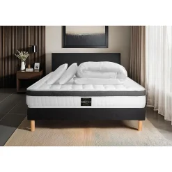 Pack sommier tapissier matelas Mémoire de forme avec couette et oreillers>Prestige Literie Hot