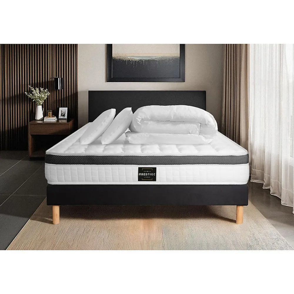 Pack sommier tapissier matelas Mémoire de forme avec couette et oreillers>Prestige Literie Hot