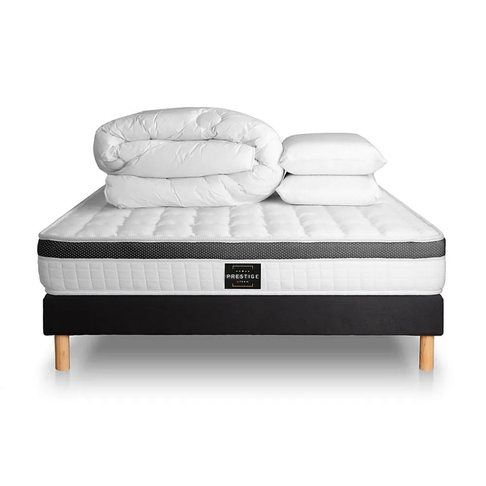 Pack sommier tapissier matelas Mémoire de forme avec couette et oreillers>Prestige Literie Hot