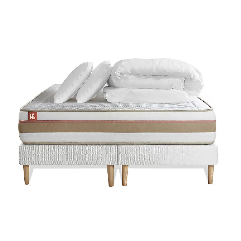 Marmottes & Co Pack sommier tapissier matelas Ressorts ensachés et mémoire de forme avec couette et oreillers* Ensemble Sommier Et Matelas