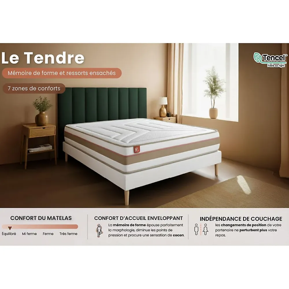 Marmottes & Co Pack sommier tapissier matelas Ressorts ensachés et mémoire de forme avec couette et oreillers* Ensemble Sommier Et Matelas