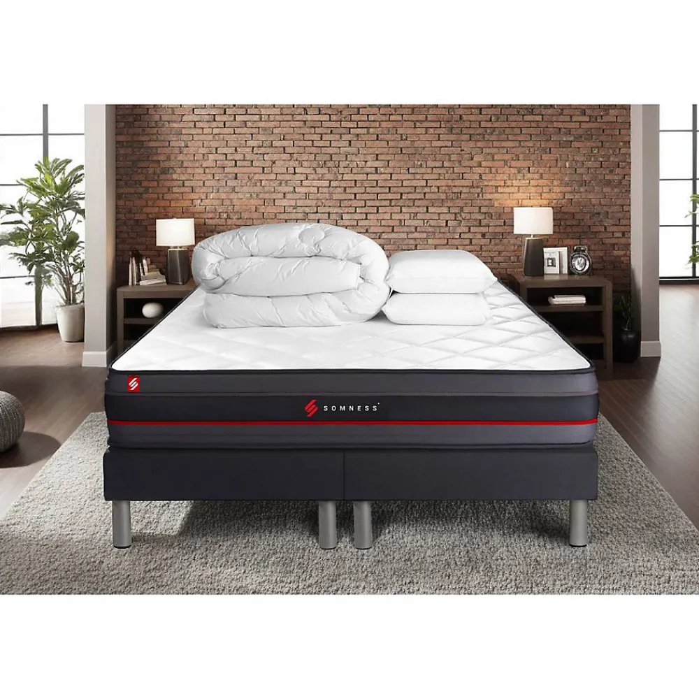 Pack sommier tapissier matelas Mémoire de forme avec couette et oreillers>Somness Online