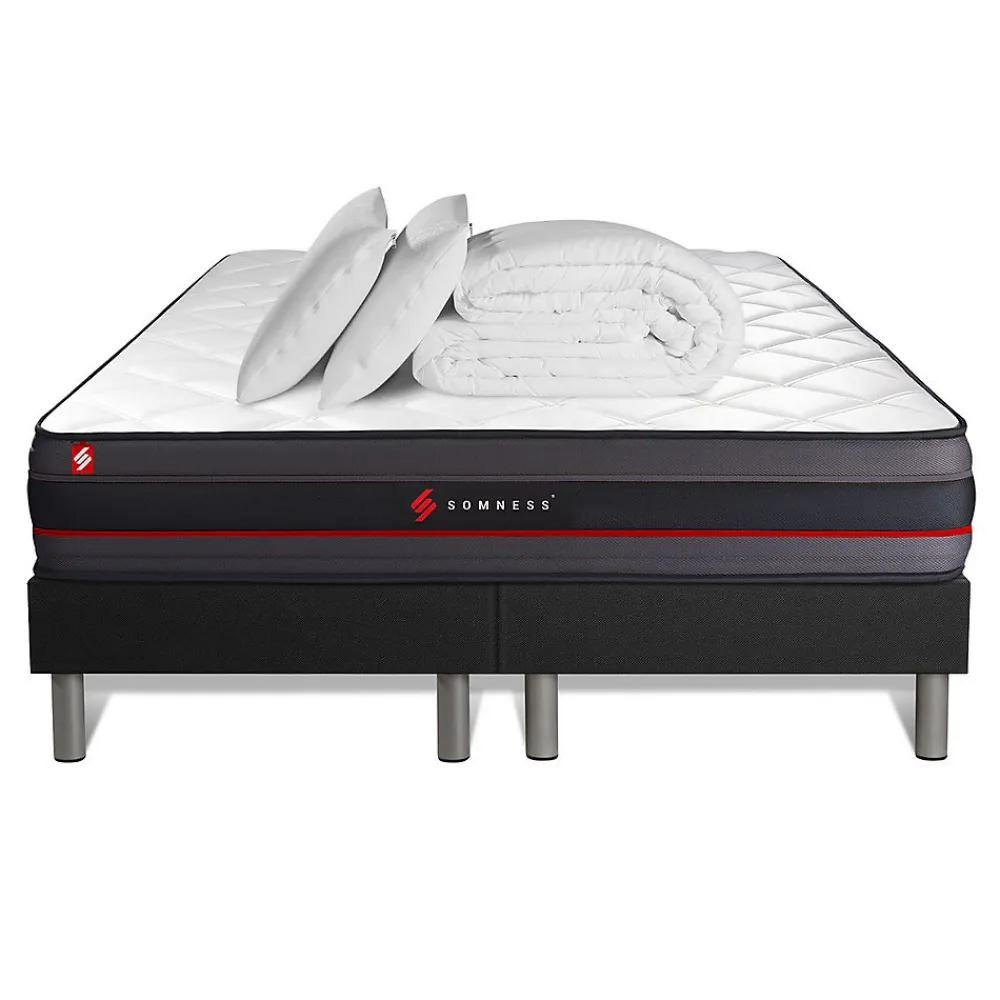 Pack sommier tapissier matelas Mémoire de forme avec couette et oreillers>Somness Online