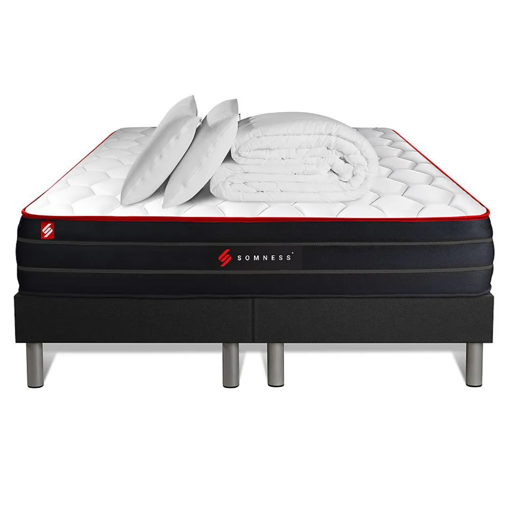 Pack sommier tapissier matelas Ressorts ensachés et mémoire de forme avec couette et oreillers>Somness Outlet