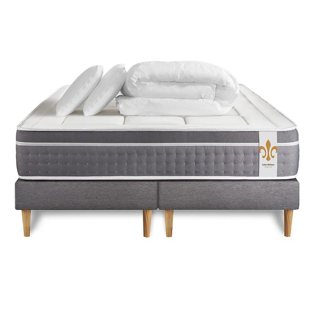Pack sommier tapissier matelas Ressorts ensachés et mémoire de forme avec couette et oreillers>Litier Deluxe New