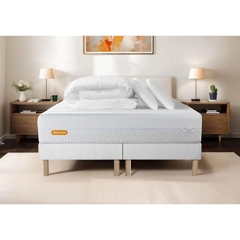 Pack sommier tapissier matelas Mémoire de forme avec couette et oreillers>Sept Nuits Hot