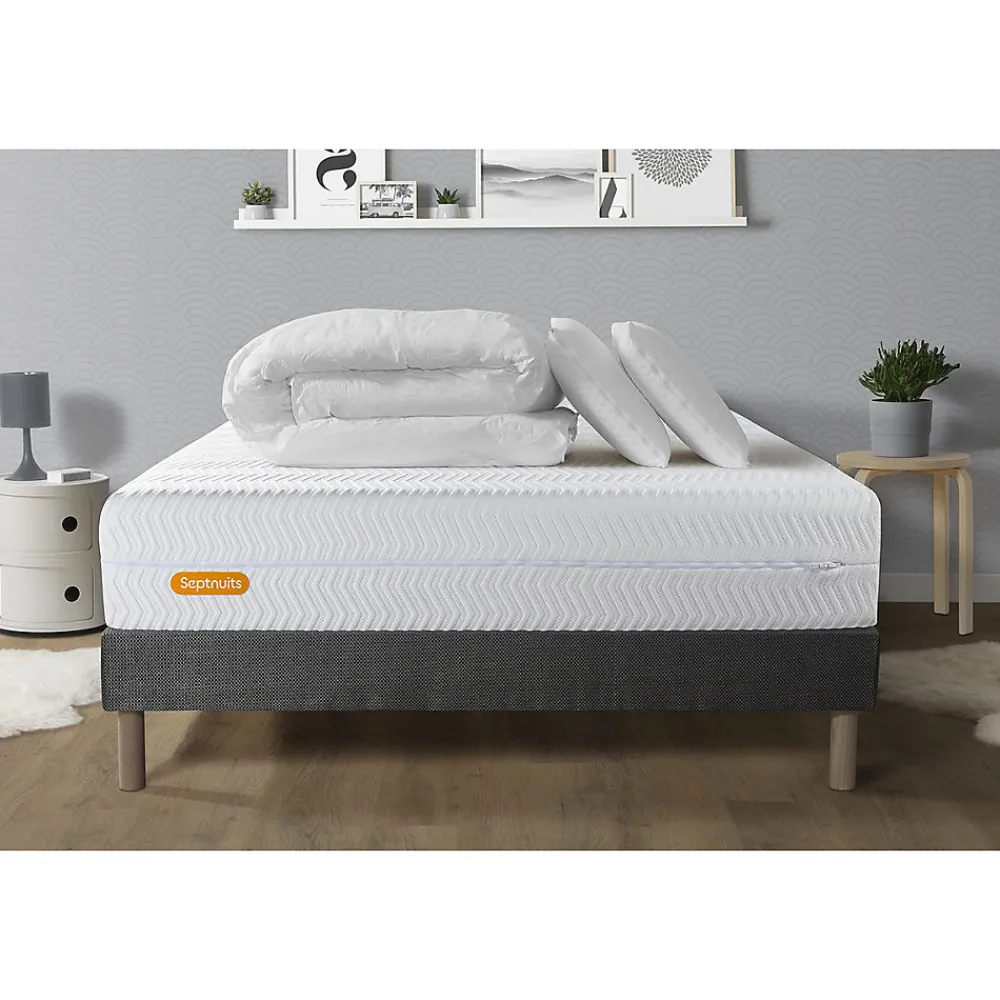 Sept Nuits Pack sommier tapissier matelas Mémoire de forme avec couette et oreillers* Ensemble Sommier Et Matelas