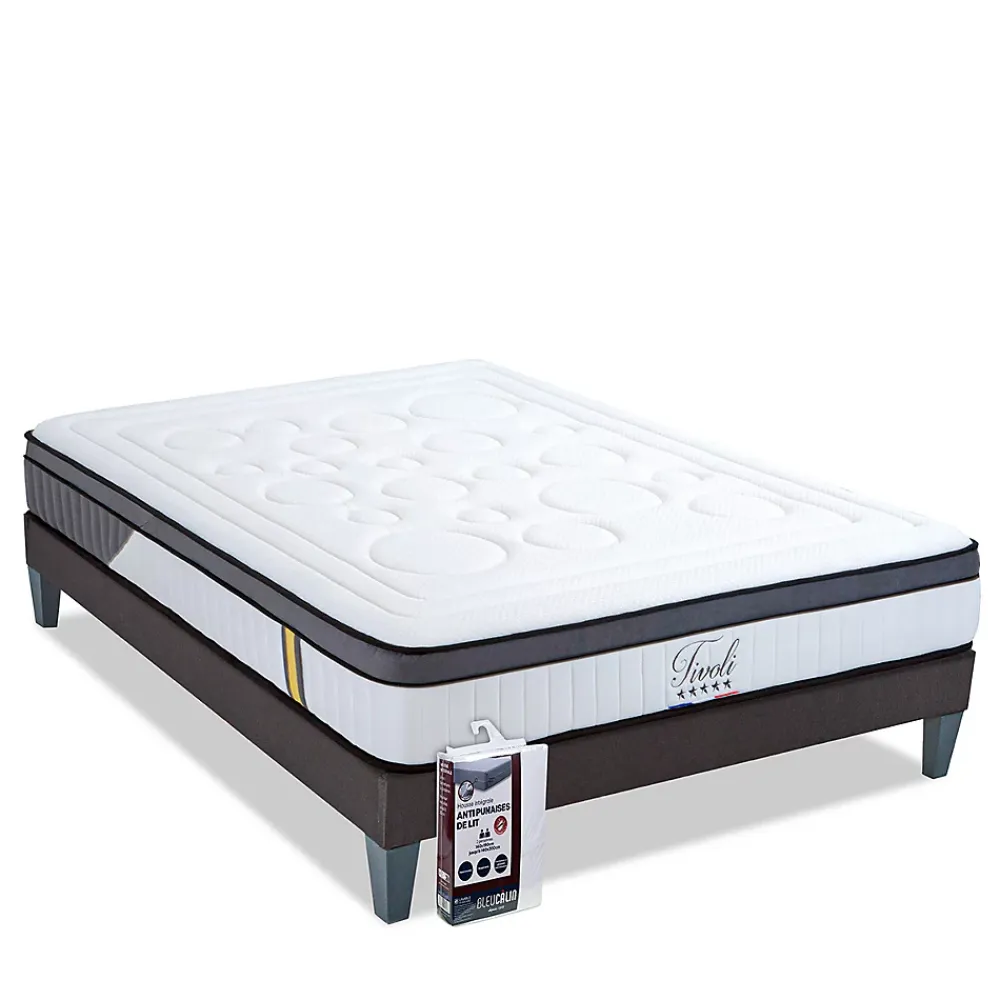 Bellecour Pack Tivoli 160x200 cm Matelas Mousse + Sommier Bois + Protège matelas anti punaise* Ensemble Sommier Et Matelas