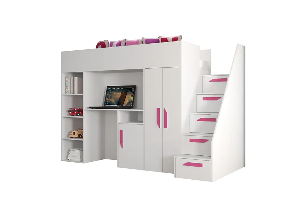 PARTY 14 Lit superposé 247/165/120 (blanc/blanc/rose)>Abiks Meble Outlet