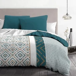 Parure de couette Microfibre ETHNO 220x240cm et 2 taies d'oreillers 63x63cm Bleu Canard>Home Linge Passion Outlet
