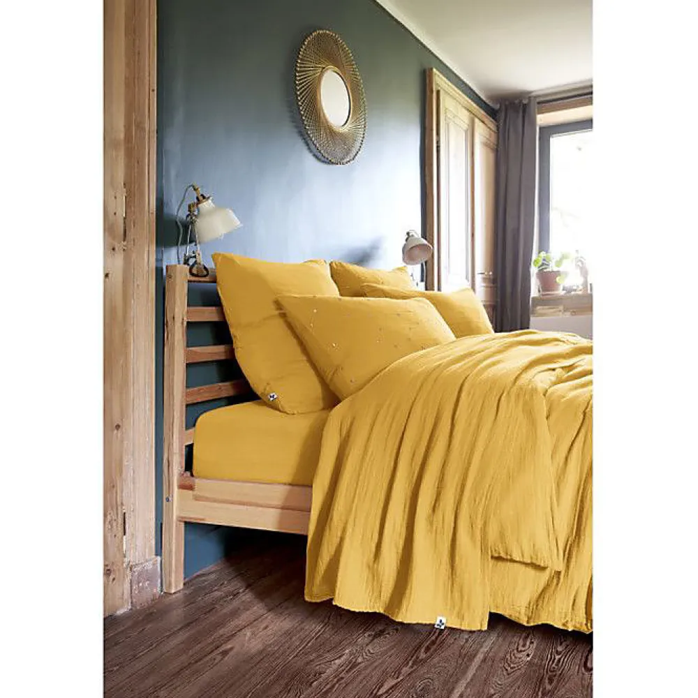 Parure de draps 4 pièces & 5 pièces "Gaïa" Gaze de Coton - Gaïa Safran - Parure de draps 5 pièces (1 Drap plat 240 x 300 + 1 Drap>L'Effet Papillon