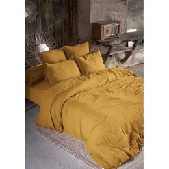 Parure de draps 4 pièces & 5 pièces "Gaïa" Gaze de Coton - Gaïa Safran - Parure de draps 5 pièces (1 Drap plat 240 x 300 + 1 Drap>L'Effet Papillon