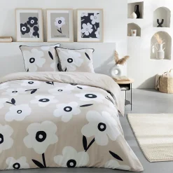 Parure de lit 2 personnes en coton 57 fils imprimé beige 240x220cm>Future Home