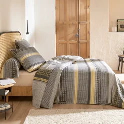 Linnea Parure de lit 2 pièces : housse 140x200 cm taie 65x65 cm 100% flanelle de coton JULES gris/jaune* Parure De Lit