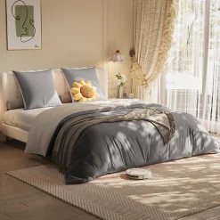 Parure de lit 4 pièces en Polyester, 160 x 200 cm, motif à carreaux esthétique en coton, résistante aux Plis , Gris>ProximaX Clearance