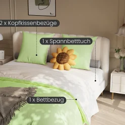 Parure de lit 4 pièces en Polyester, 160 x 200 cm, motif à carreaux esthétique en coton, résistante aux Plis, Vert><noscript><img width=