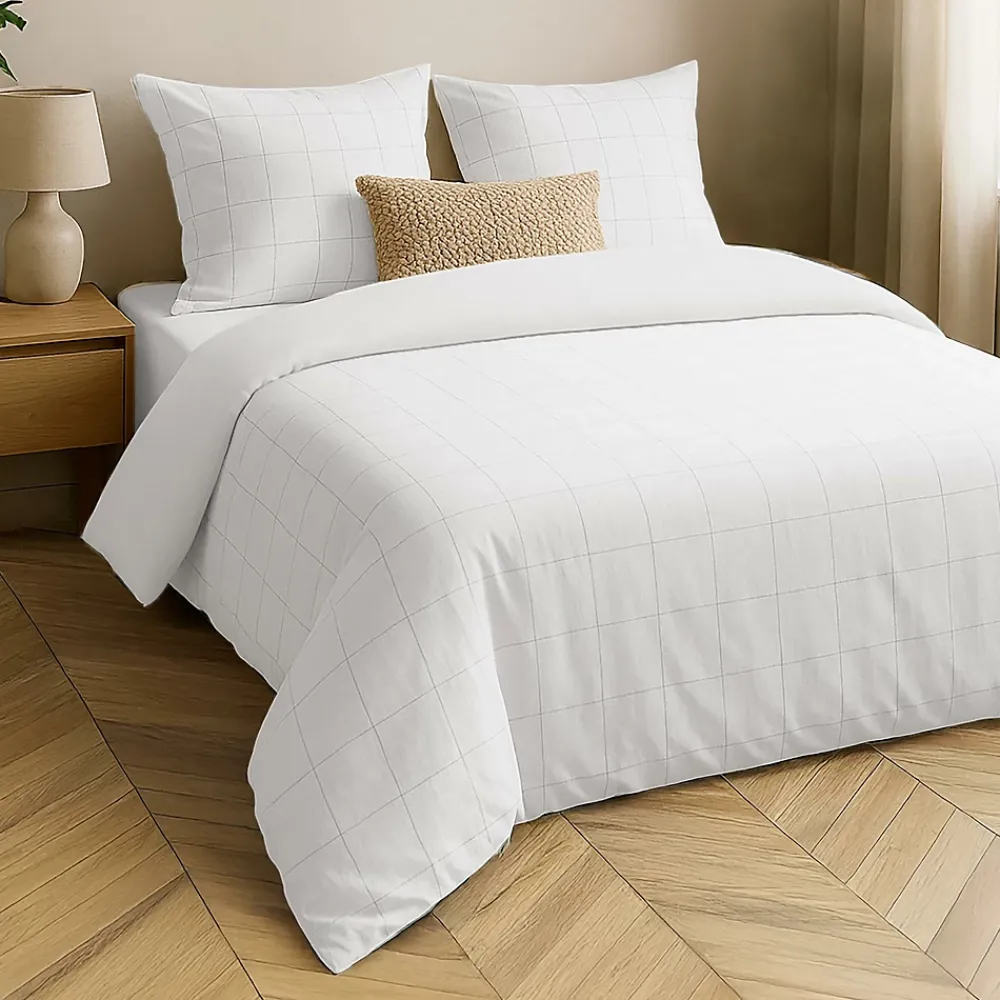 Douceur D'Intérieur Parure de lit 3 pièces LINELLA Blanc- 240 x 220 cm Coton/Polyester lavé jacquard 57 fils* Housse De Couette