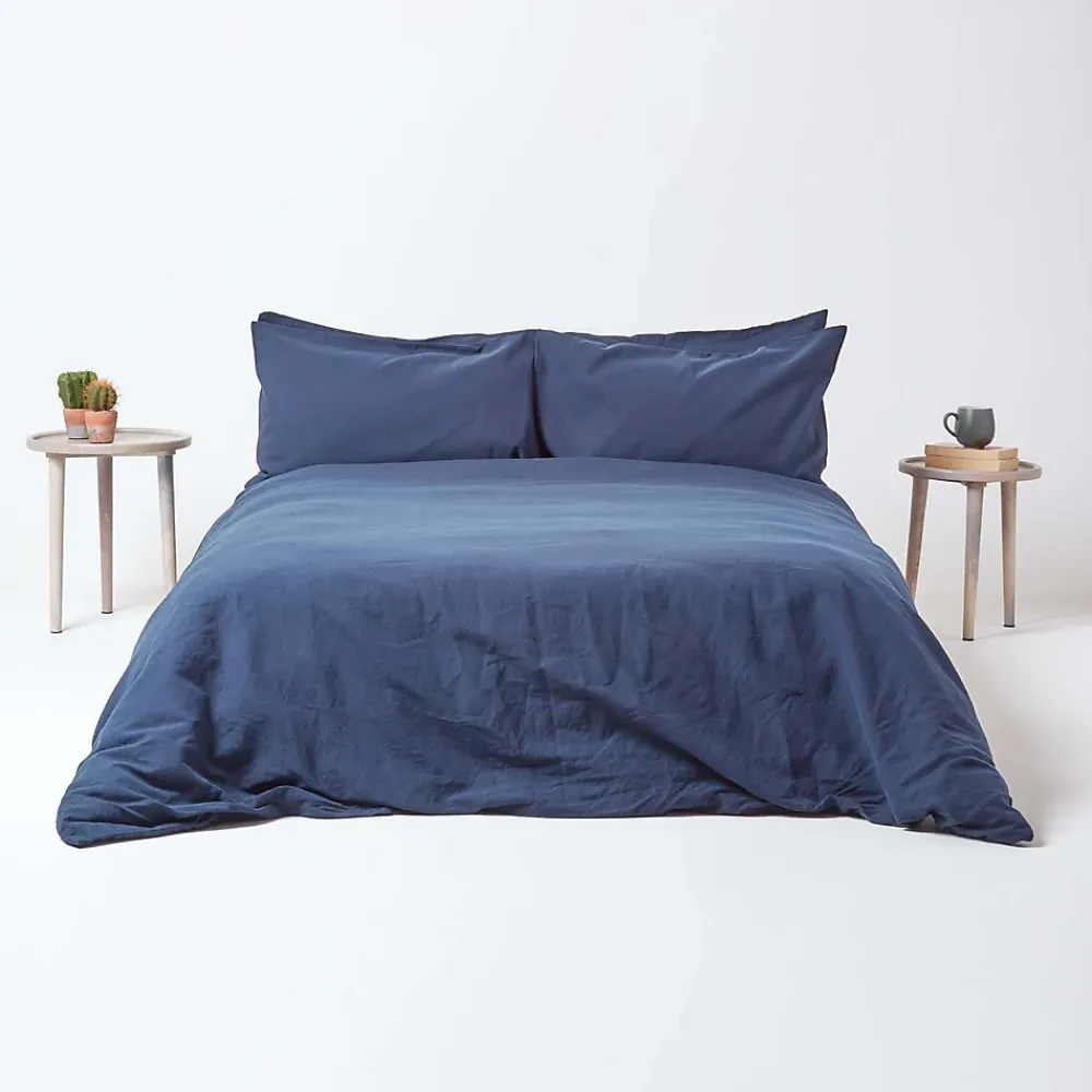 Homescapes Parure de lit en lin lavé bleu marine, 260x220cm -* Parure De Lit