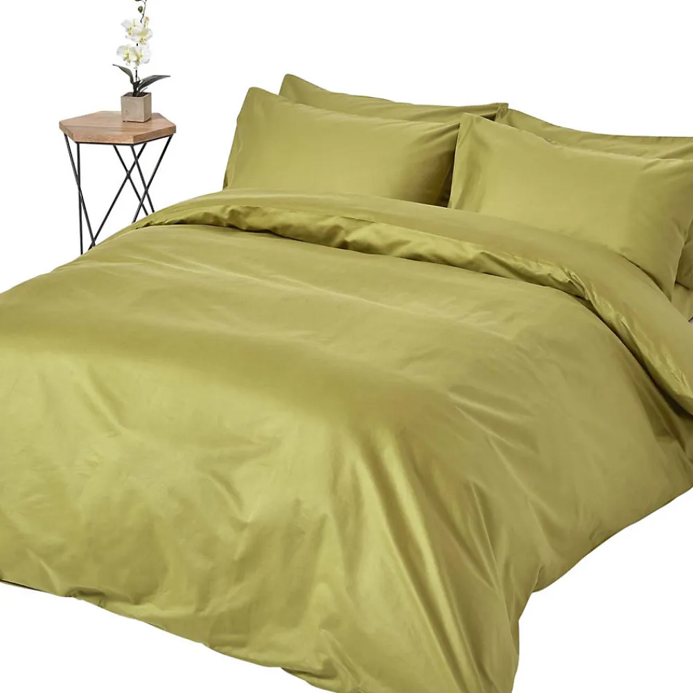 Parure de lit en satin de coton égyptien 1000 fils vert olive, 230x220cm ->Homescapes New