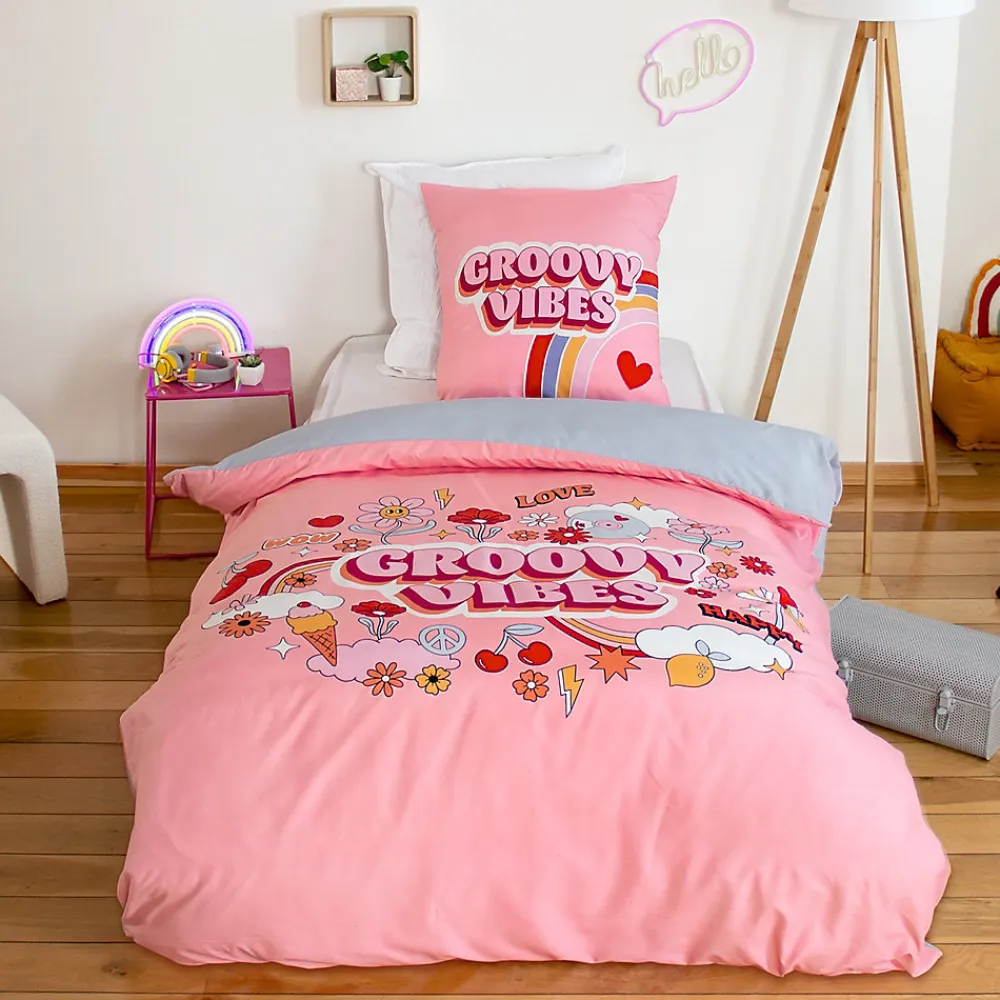 Parure de lit enfant GROOVY VIBES 140x200 cm en microfibre rose 2 pièces>Linnea Clearance