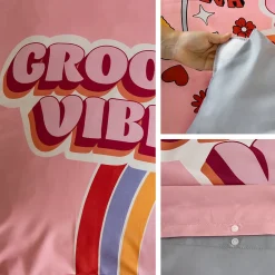 Parure de lit enfant GROOVY VIBES 140x200 cm en microfibre rose 2 pièces><noscript><img width=