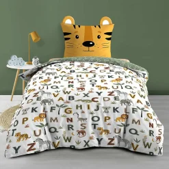 Parure de lit enfant TIGRY 140x200 cm 100% coton 1 taie tête de tigre Réversible alphabet & jungle>Douceur D'Intérieur Outlet