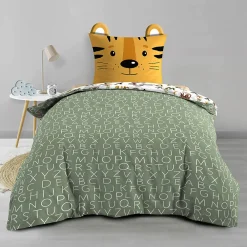 Parure de lit enfant TIGRY 140x200 cm 100% coton 1 taie tête de tigre Réversible alphabet & jungle>Douceur D'Intérieur Outlet