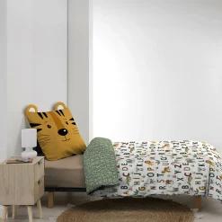 Parure de lit enfant TIGRY 140x200 cm 100% coton 1 taie tête de tigre Réversible alphabet & jungle><noscript><img width=