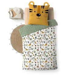 Parure de lit enfant TIGRY 140x200 cm 100% coton 1 taie tête de tigre Réversible alphabet & jungle><noscript><img width=
