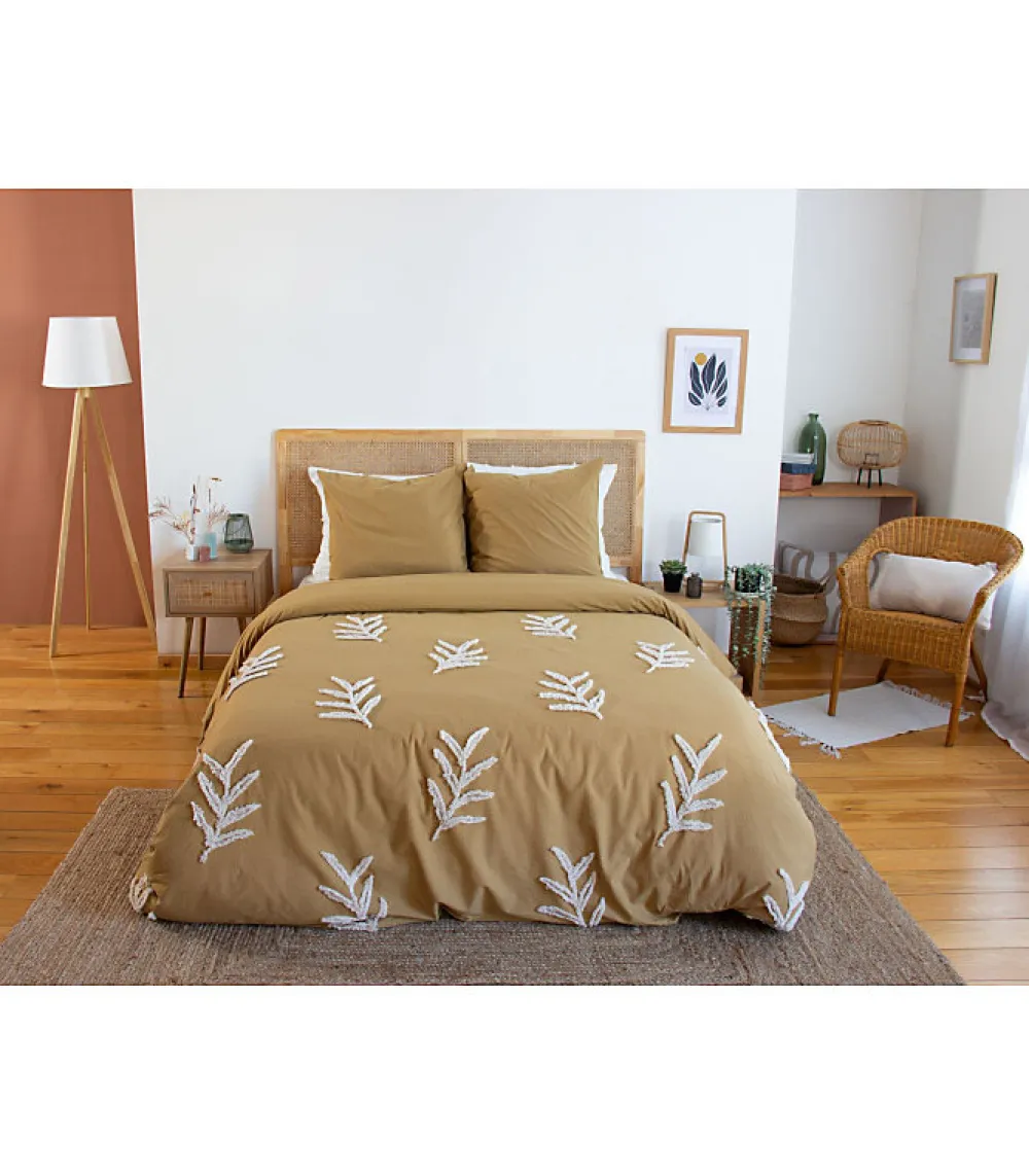 Parure de lit FEUILLU - 240x220 cm - Coton lavé tufté - 52 fils,cm² - Moutarde - 220x240cm - Moutarde>Côté Déco Best