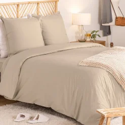 Parure de lit Landiha Percale beige lin 260x240cm - Atmosphera>Atmosphera Créateur D'Intérieur Online