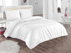 Parure de lit percale de coton 80 fils/cm² - Housse de couette 220 x 240 cm + 2 taies d'oreiller 63 x 63 cm - Blanc passepoil>Vente-unique Online
