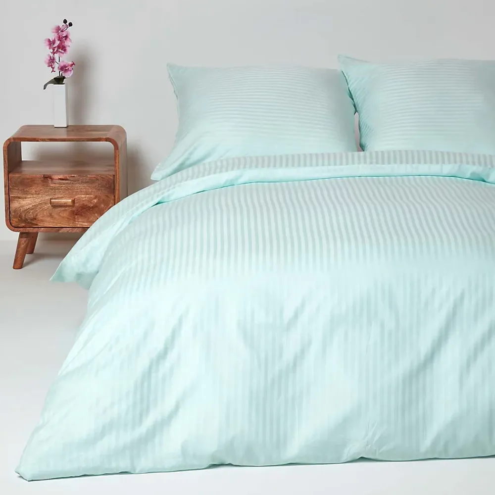 Homescapes Parure de lit satin rayé en coton égyptien 330 fils bleu, 155x220cm -* Parure De Lit