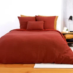 Parure de lit 260x240 cm double gaze de coton GAZGAZ rouge ocre 3 pièces>Linnea