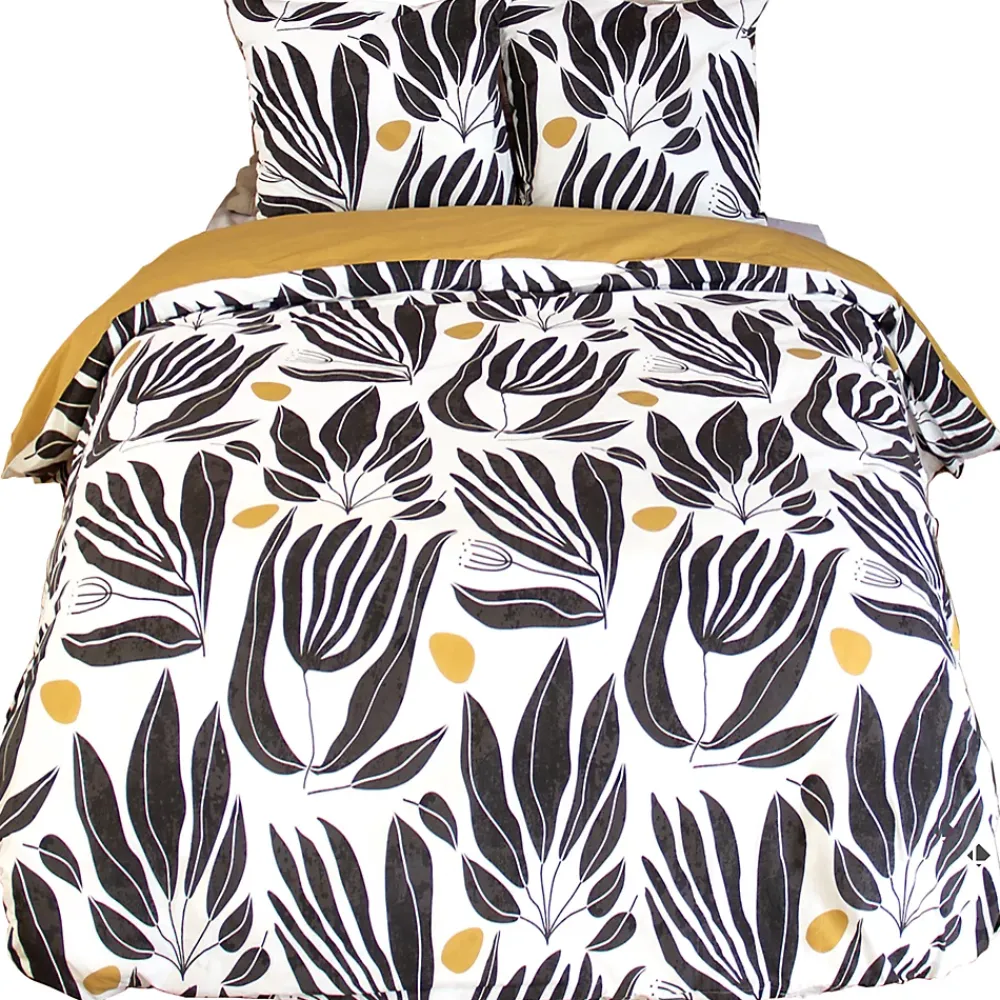 Linnea Parure de lit 260x240 cm en coton NOLIE motif feuillage blanc et jaune 3 pièces* Parure De Lit