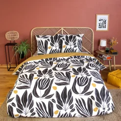 Linnea Parure de lit 260x240 cm en coton NOLIE motif feuillage blanc et jaune 3 pièces* Parure De Lit