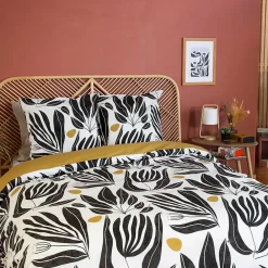 Linnea Parure de lit 260x240 cm en coton NOLIE motif feuillage blanc et jaune 3 pièces* Parure De Lit