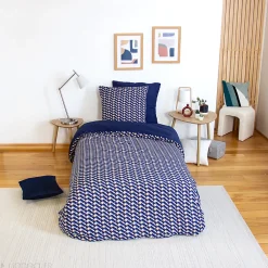 Parure de lit 140x200 cm en microfibre LOSS bleu foncé motif géométrique 2 pièces>Linnea