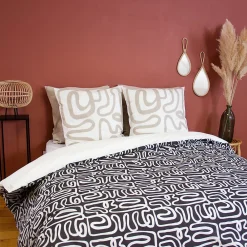 Parure de lit 240x220 cm pur coton collection SIDNIE blanc motif abstrait 3 pièces><noscript><img width=