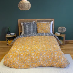 Parure de lit 260x240 cm pur coton ASCHWINI motif floral jaune 3 pièces>Linnea Discount