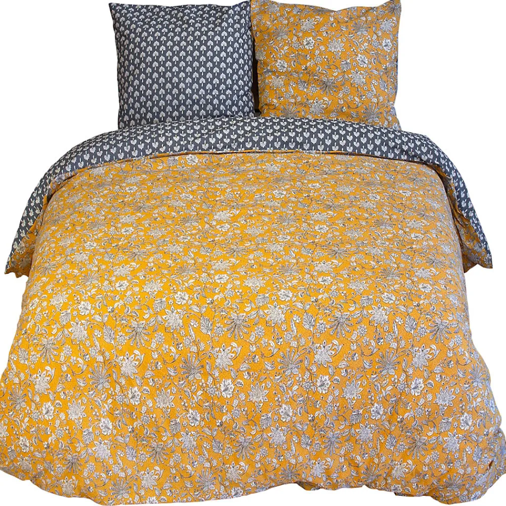 Parure de lit 260x240 cm pur coton ASCHWINI motif floral jaune 3 pièces>Linnea Discount