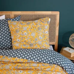 Parure de lit 260x240 cm pur coton ASCHWINI motif floral jaune 3 pièces><noscript><img width=