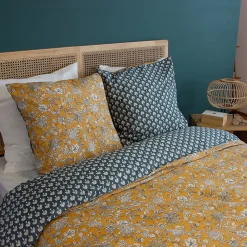 Parure de lit 260x240 cm pur coton ASCHWINI motif floral jaune 3 pièces><noscript><img width=