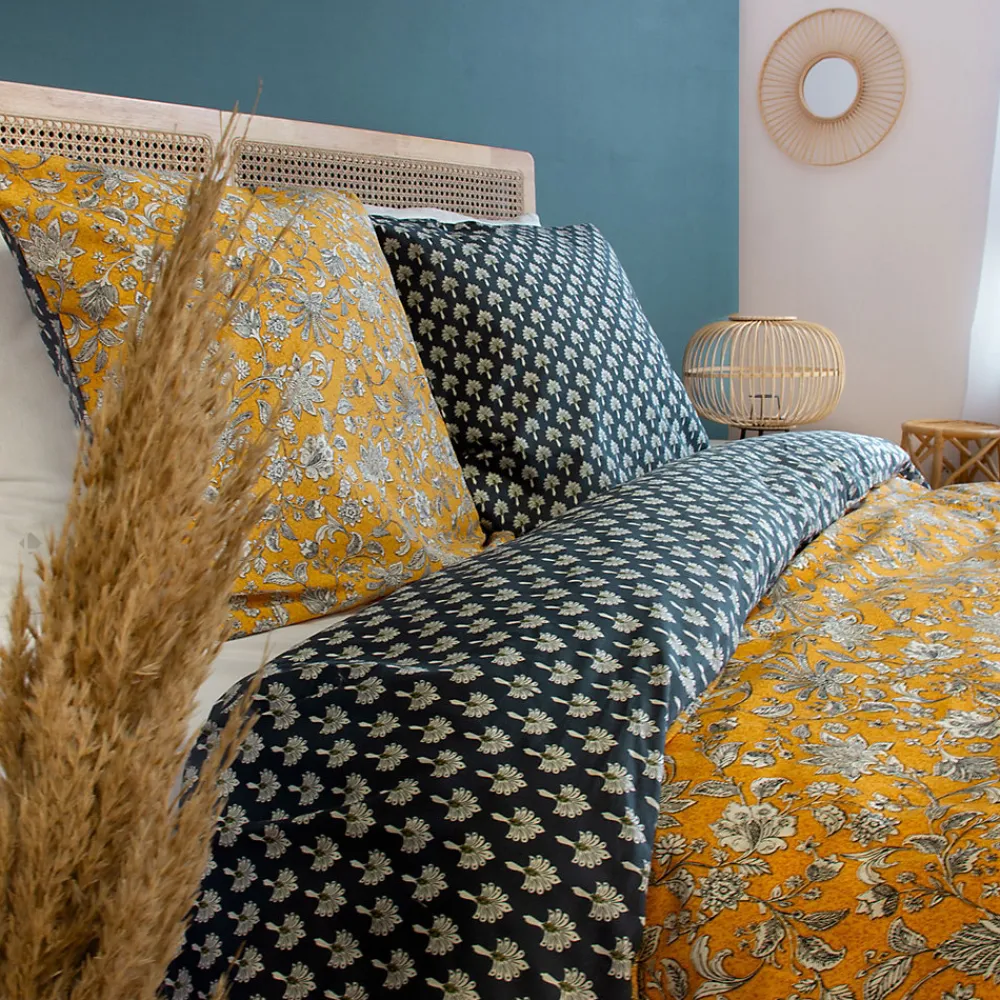 Parure de lit 260x240 cm pur coton ASCHWINI motif floral jaune 3 pièces>Linnea Discount