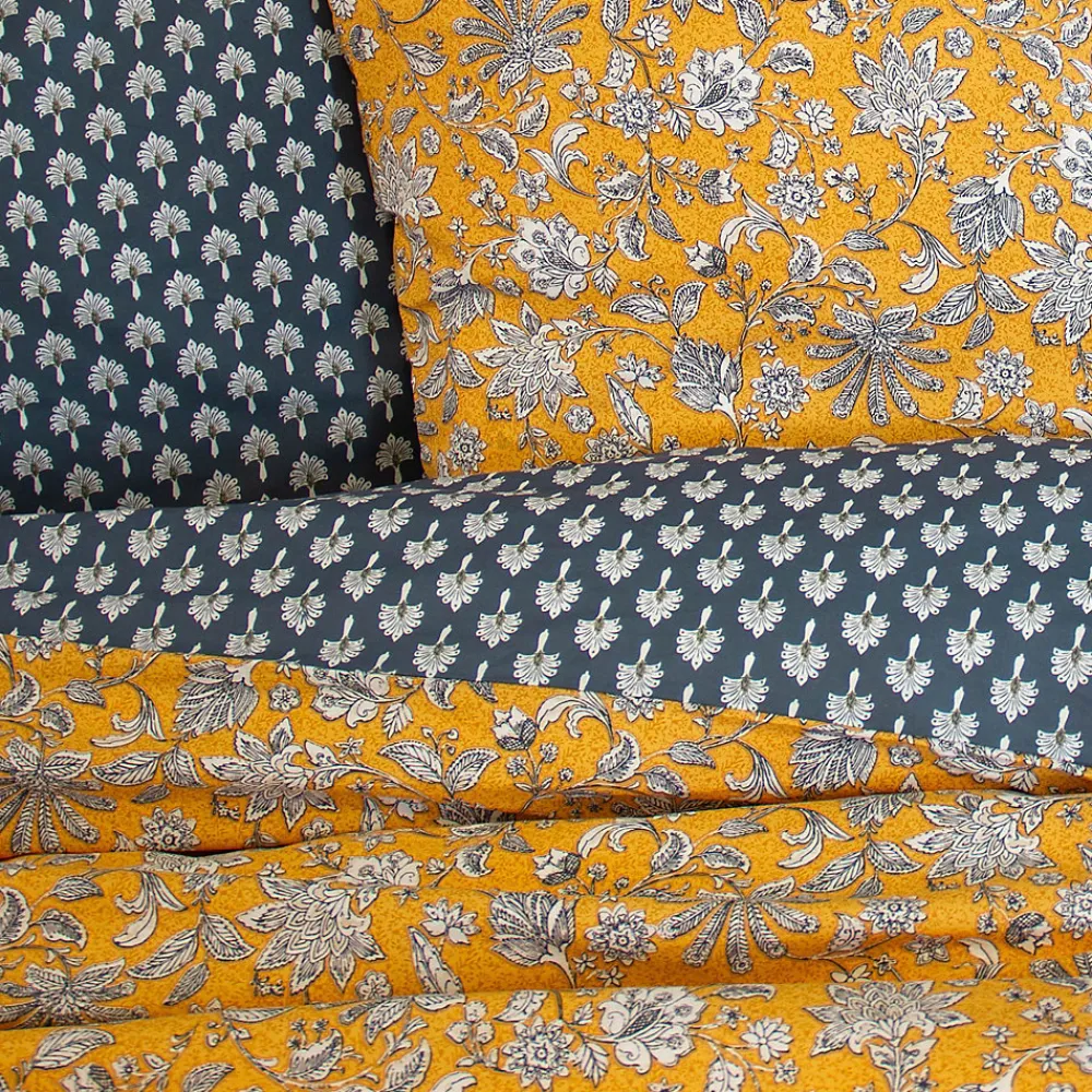 Parure de lit 260x240 cm pur coton ASCHWINI motif floral jaune 3 pièces>Linnea Discount