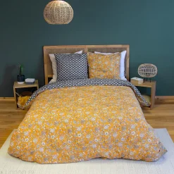 Linnea Parure de lit 240x220 cm pur coton ASCHWINI motif floral jaune 3 pièces* Parure De Lit